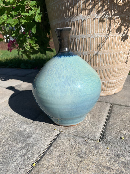 Wood Fired Round Blue and Black Vases