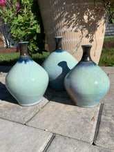 Load image into Gallery viewer, Wood Fired Round Blue and Black Vases